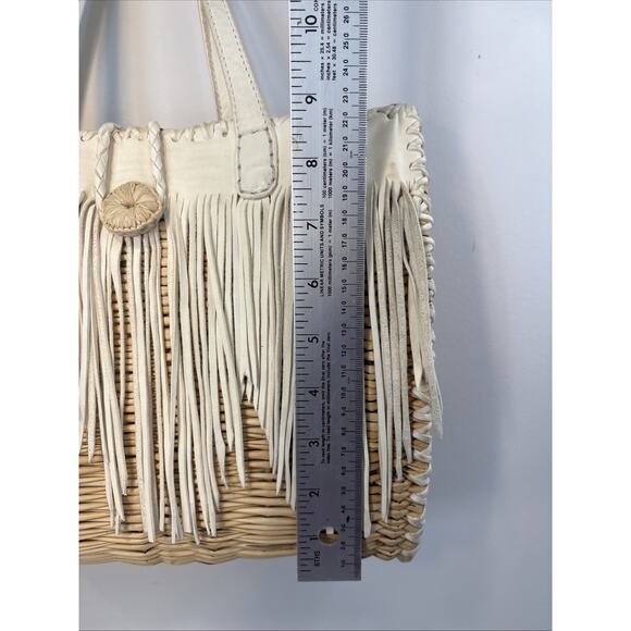 En Shalla Boho Western Coastal Wicker Kid Leather Fringe Woven Basket Tote - Picture 14 of 16